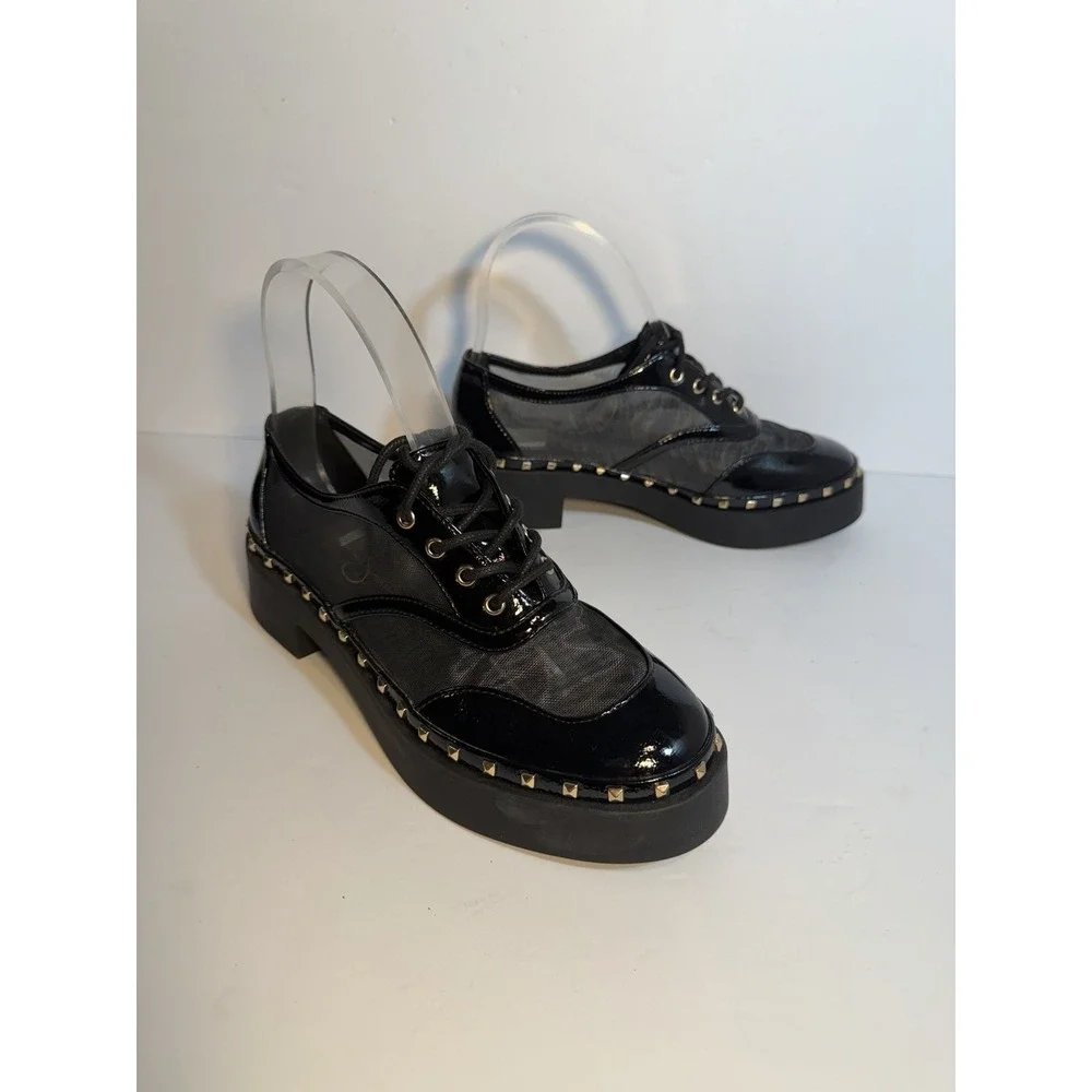 Jessica Simpson Chryse Platform Derby Womens 6 Black Studded Oxfords Mesh Shoe